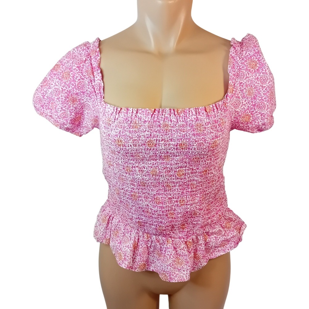 DRA Lightweight Smocked Peplum Top Floral Print Square‎ Neck Puff Sleeve Boho M